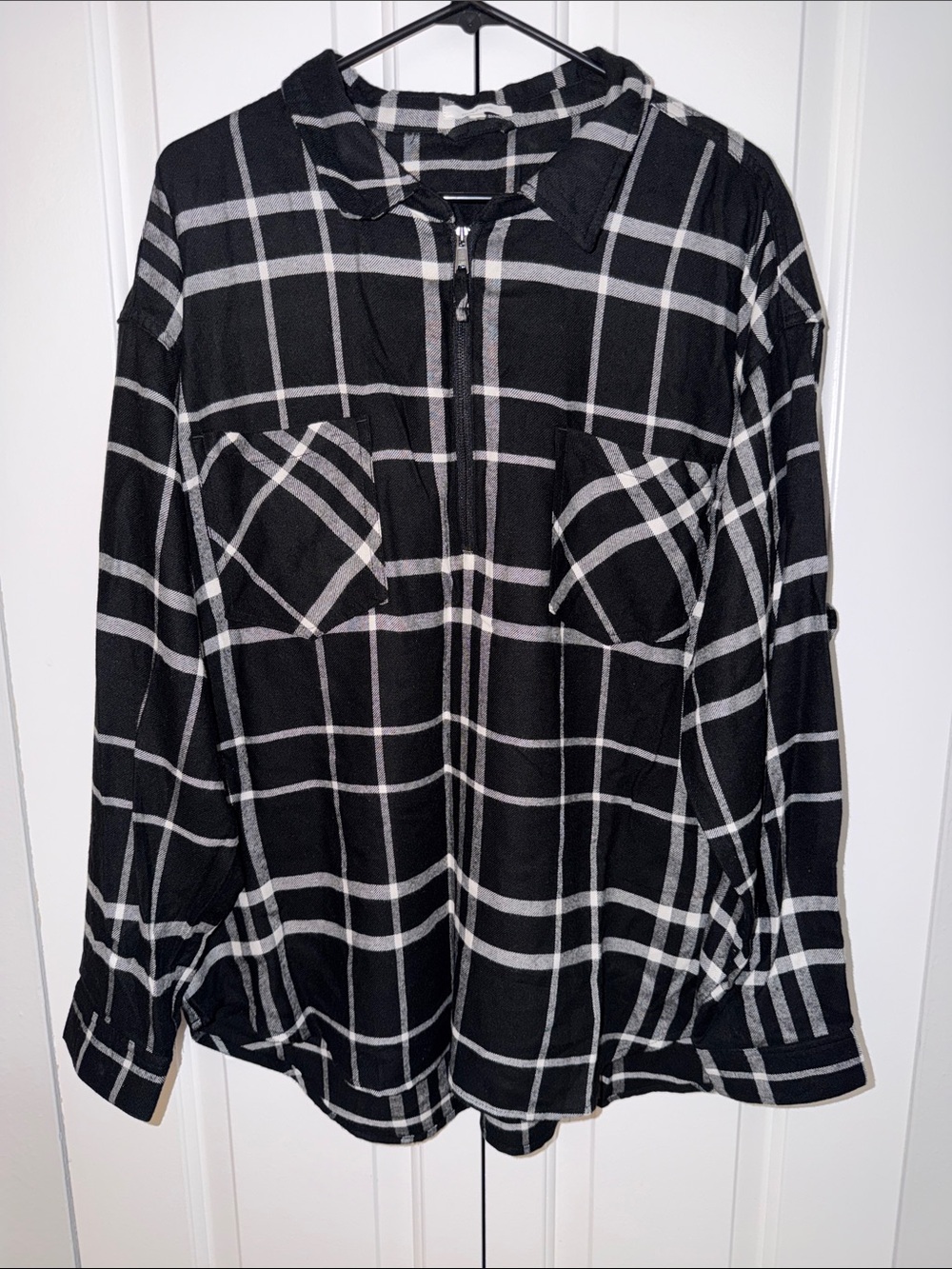 Maurices Black & White Plaid Zip-Front Button Collar Shirt